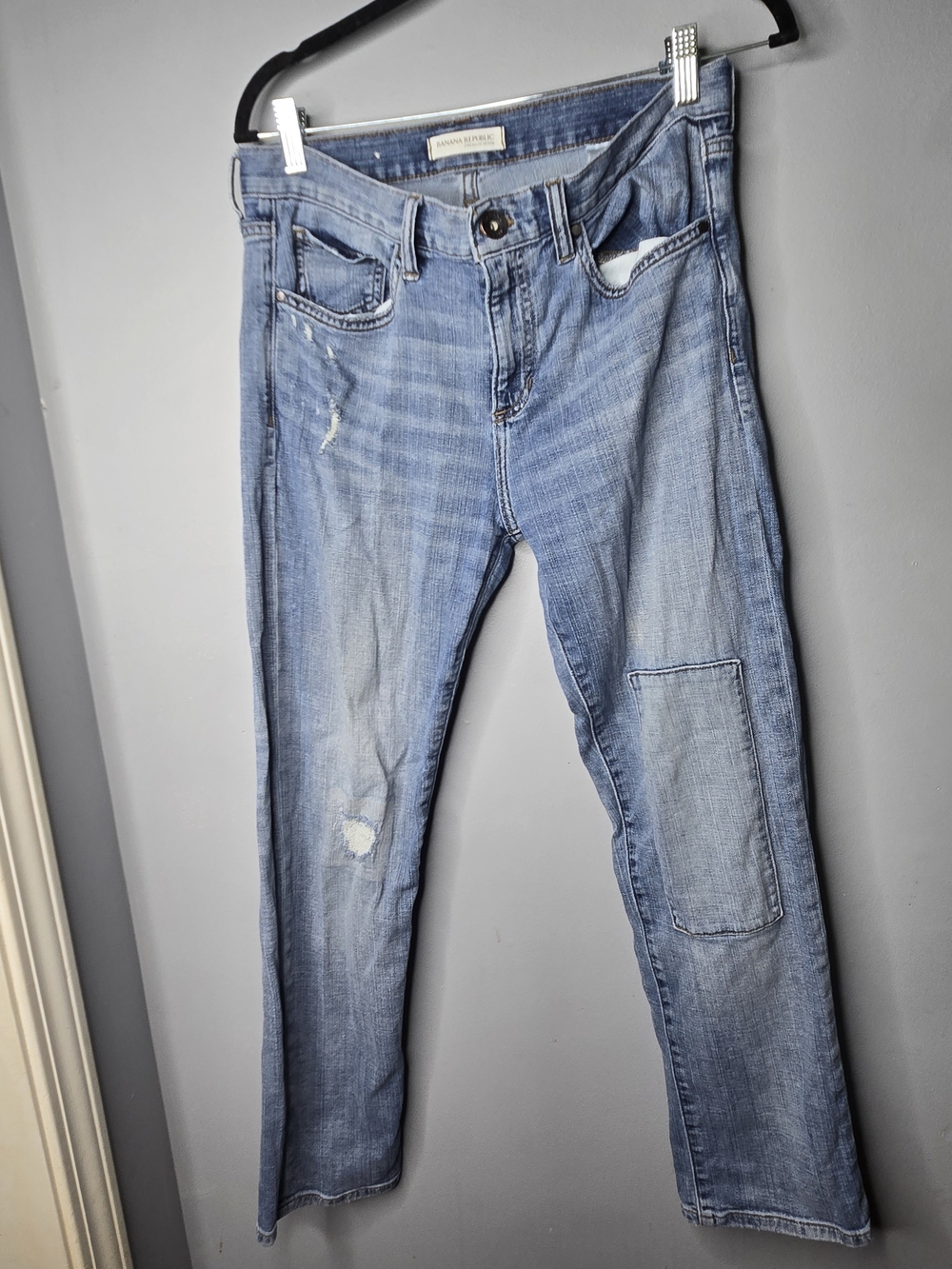 Banana Republic Premium Denim Size 27 Distressed Patch Straight Jeans Light Wash